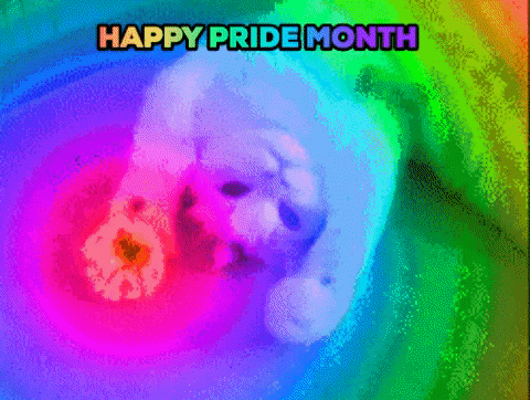 Rainbow letters say “Happy Pride Month.” A cat lies on its back opening and closing its paws as rainbows pulsate out of them.