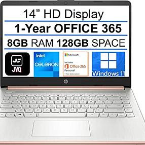 2022 Newest HP Stream 14in HD Laptop, Intel Celeron N4020(up to 2.8GHz), 8GB RAM, 128GB Space(64GB eMMC+ Card), 1-Year Office 365, WiFi, HDMI, USB-C, Webcam, Bluetooth, Windows 11S,Rose Gold+JVQ MP