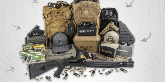 A collection of Beretta and Leopold firearms, ammunition and other shooting gear set atop the background of a topographic map.