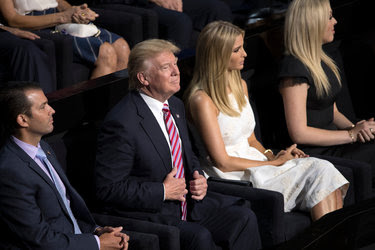 Donald J. Trump, second from left, sat with his family while his son Eric spoke on Wednesday at the Republican National Convention in Cleveland.