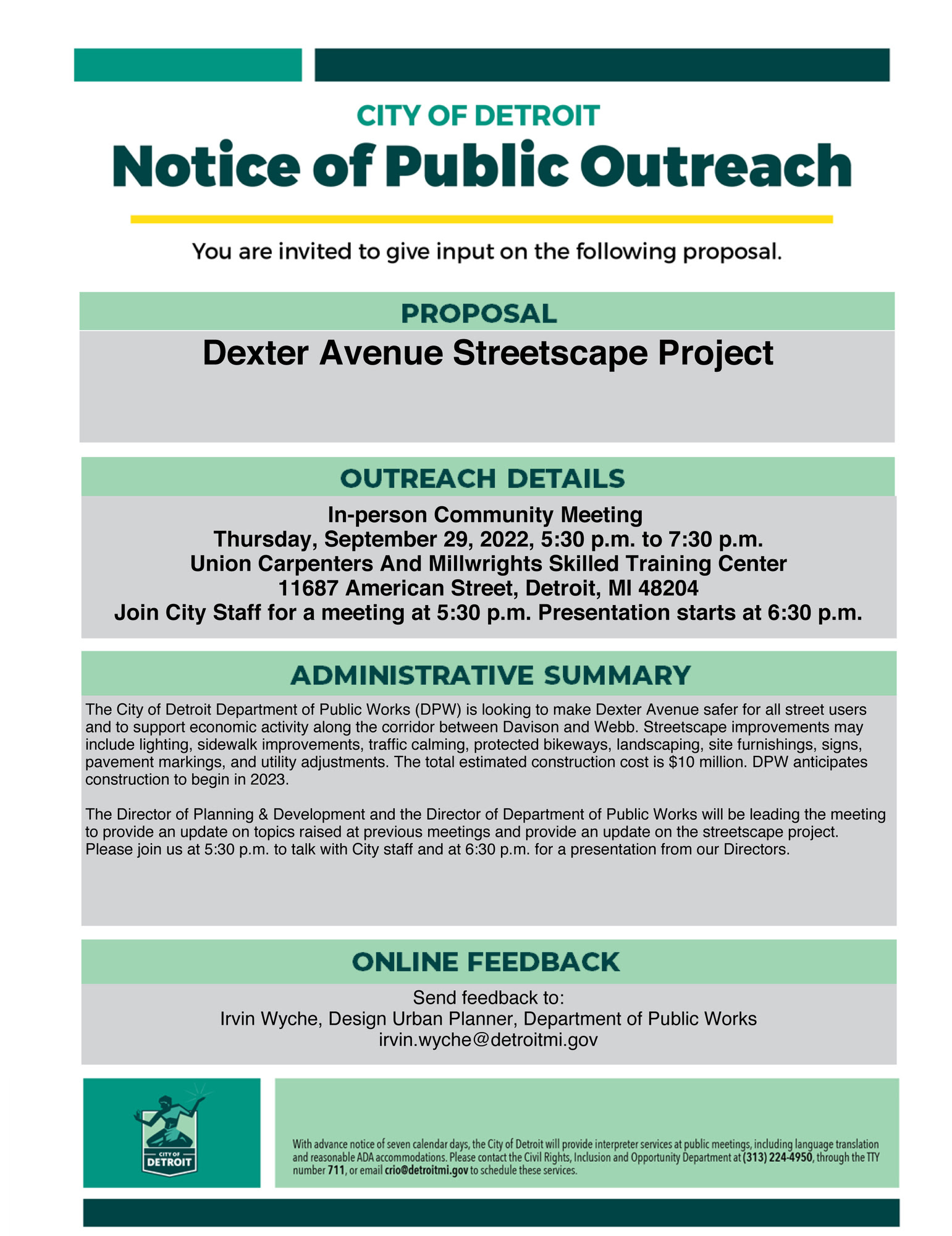 Dexter Streetscape Community Notice - Sept. 29