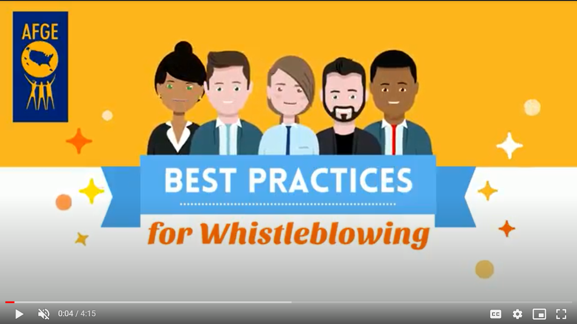 Screenshot of video that includes 5 animated characters and the headline best practices for whistleblowing