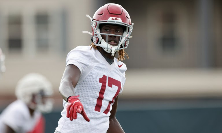 Agiye Hall at practice for Alabama about to run routes