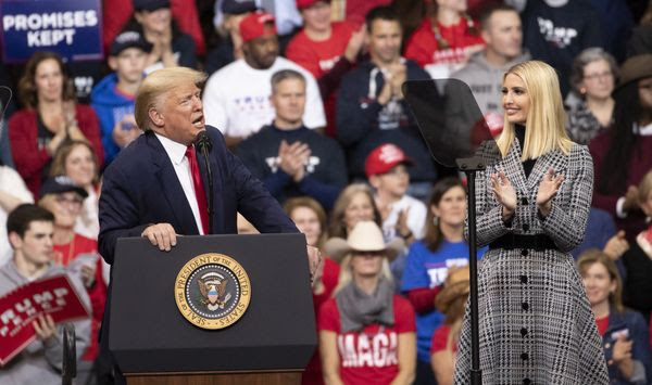 Ivanka Trump, right, joins her father President Donald Trump on stage during a campaign rally, Monday, Feb. 10, 2020, in Manchester, N.H. (AP Photo/Mary Altaffer)