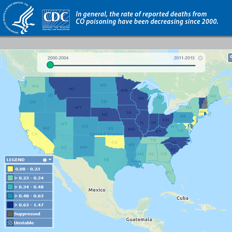 Animated map of reported CO poisoning deaths.