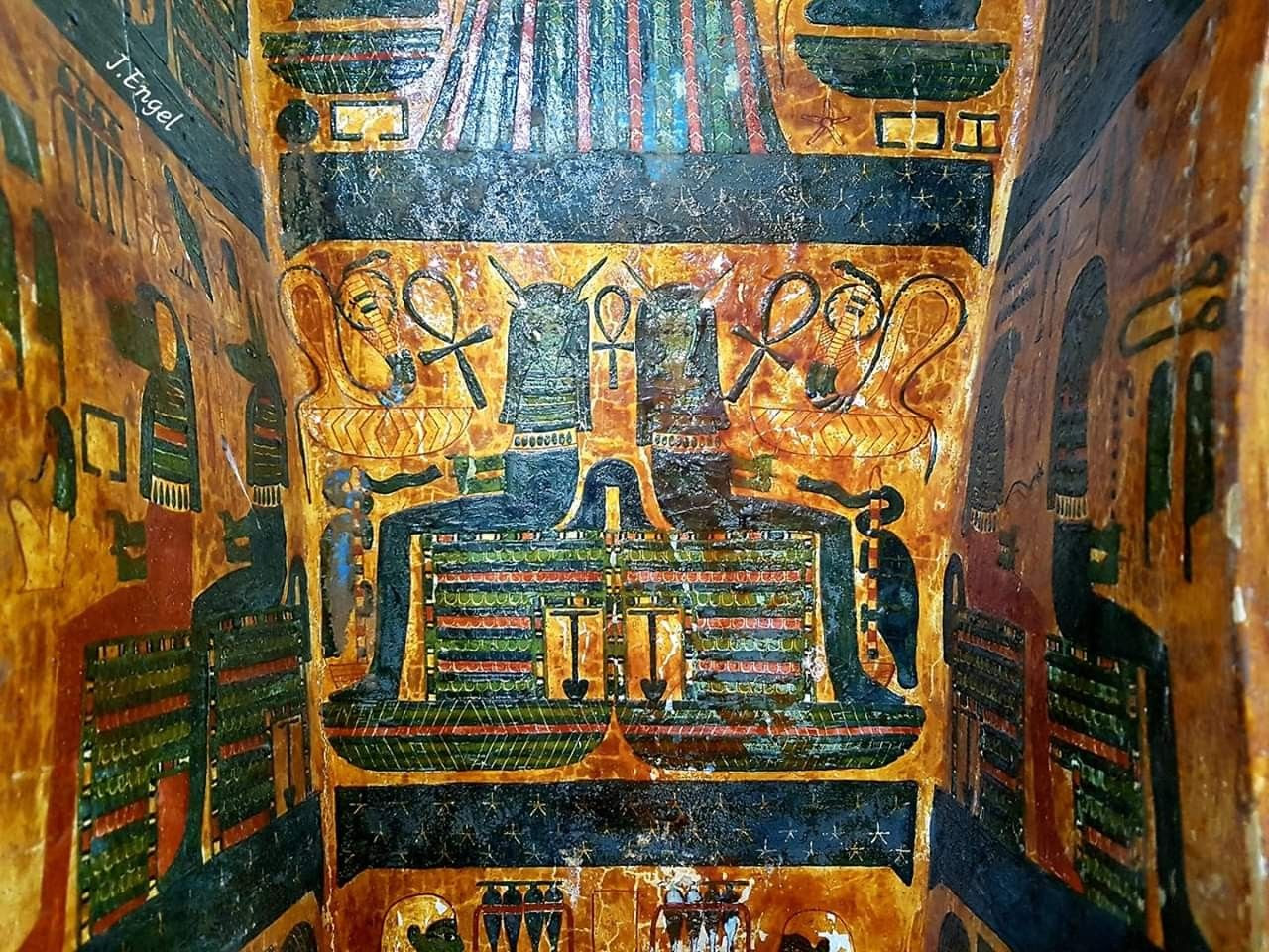 A beautiful colored inside of a coffin. Egyptian Museum CaÃ¯ro