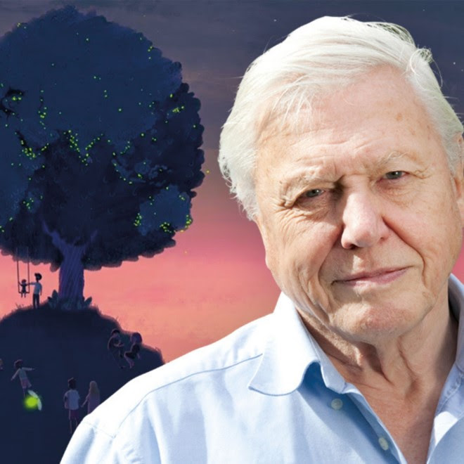 A photograph of David Attenborough in front of an illustration of a tree with a person pushing a child on a swing