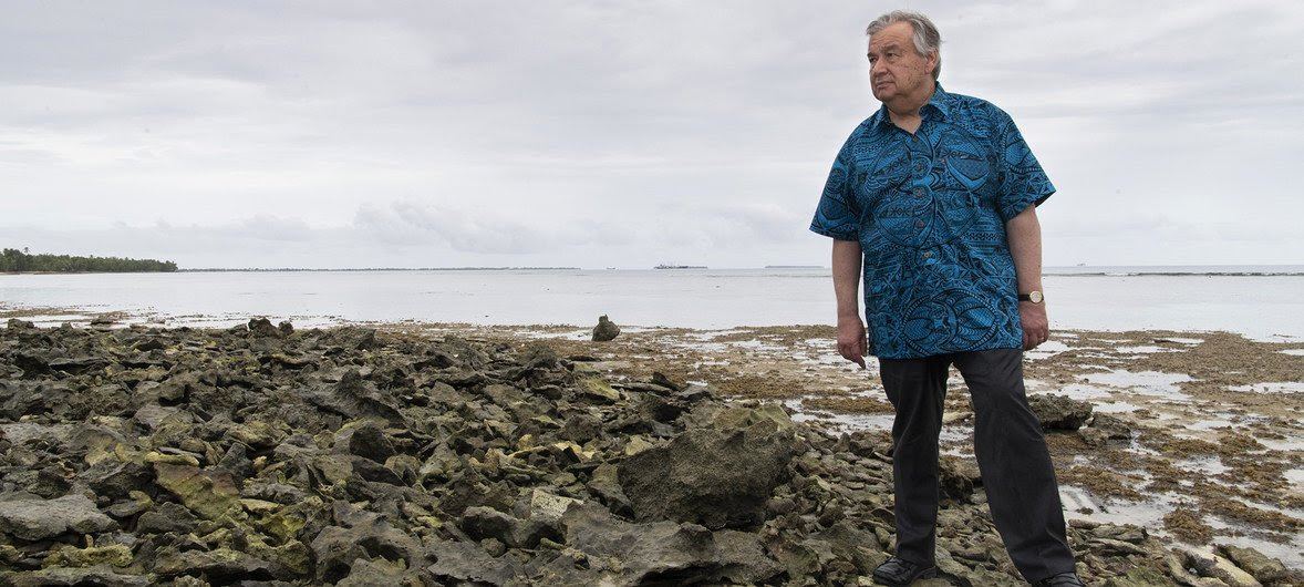 The UN Secretary-General António Guterres visited the low-lying island of Tuvalu in May 2019 to see how Pacific Ocean nations would be effected by the rise in sea levels. The UN Secretary-General António Guterres visited the low-lying island of Tuvalu in May 2019 to see how Pacific Ocean nations would be effected by the rise in sea levels.