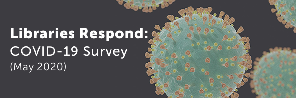 COVID-19 virus cells. Text: LIBRARIES RESPOND: COVID-19 Survey (May 2020)