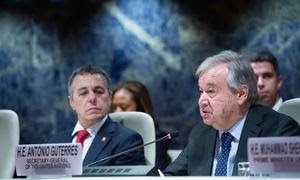 Генеральный секретарь ООН Антониу Гутерриш на международной конференции в Женеве. 