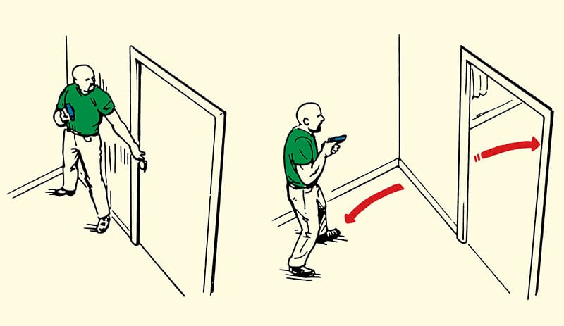 man clearing doorway of an intruder illustration