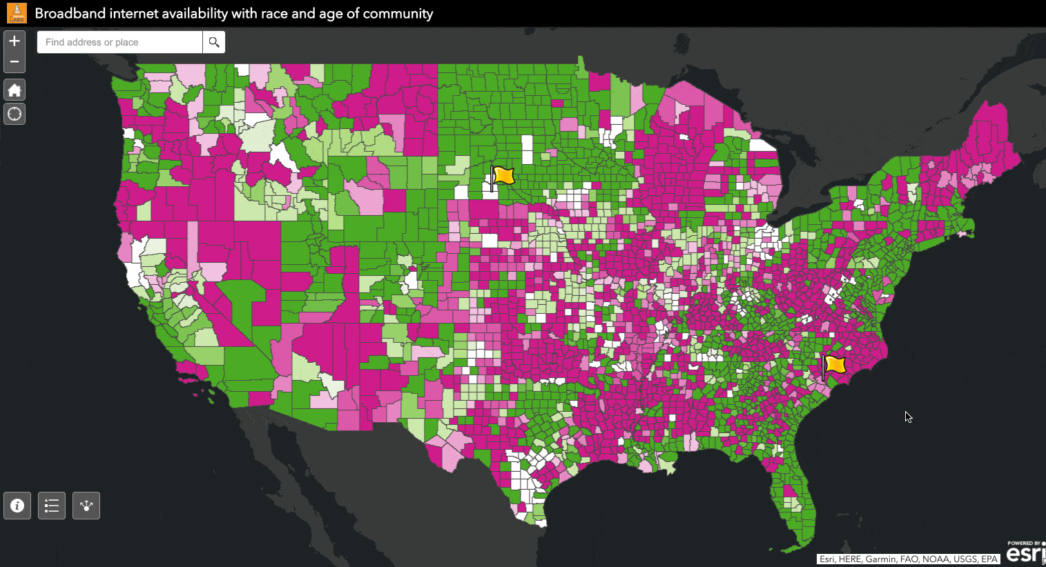Check on broadband internet availability in any county in America along with the race and age of community residents.