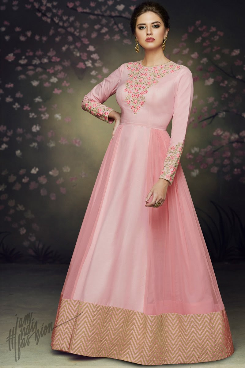Pink Satin Silk and Net Party Wear Gown