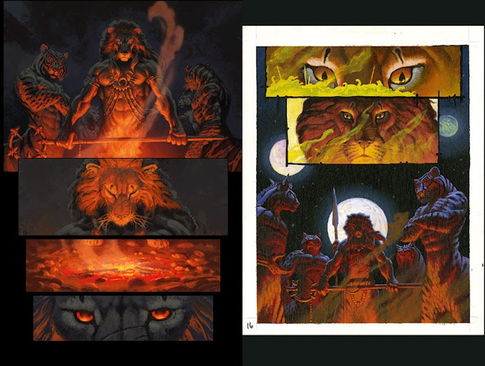 At left: Tribes of Kai repainted page for the new 2015 graphic novel. At right: Pridelands, the original page for the 1998 edition.