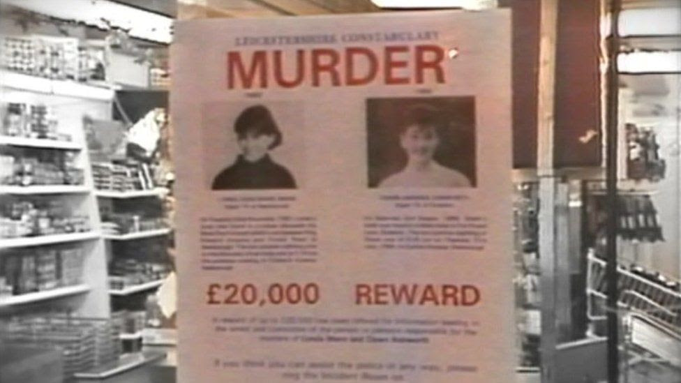 A poster asking for help catching the killer of schoolgirls Lynda Mann and Dawn Ashworth