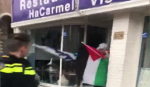 Netherlands video: Man holding Palestinian flag smashes windows of kosher restaurant in Amsterdam