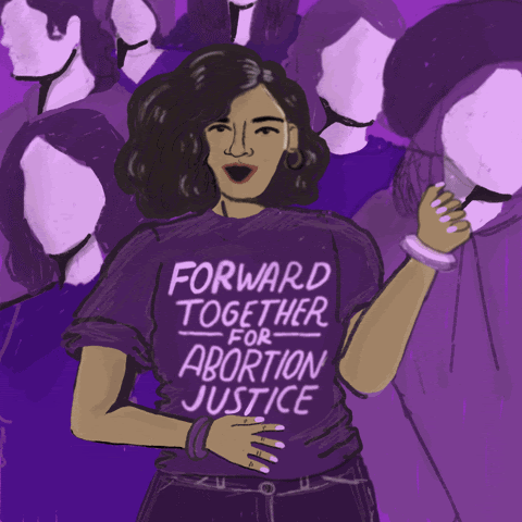 Image of a woman with her fist in the air. Her shirt says "forward together for abortion justice"