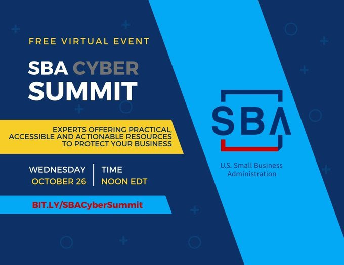 SBA logo with the following text, SBA Cyber Summit, free virtual event on October 26 at Noon EDT 