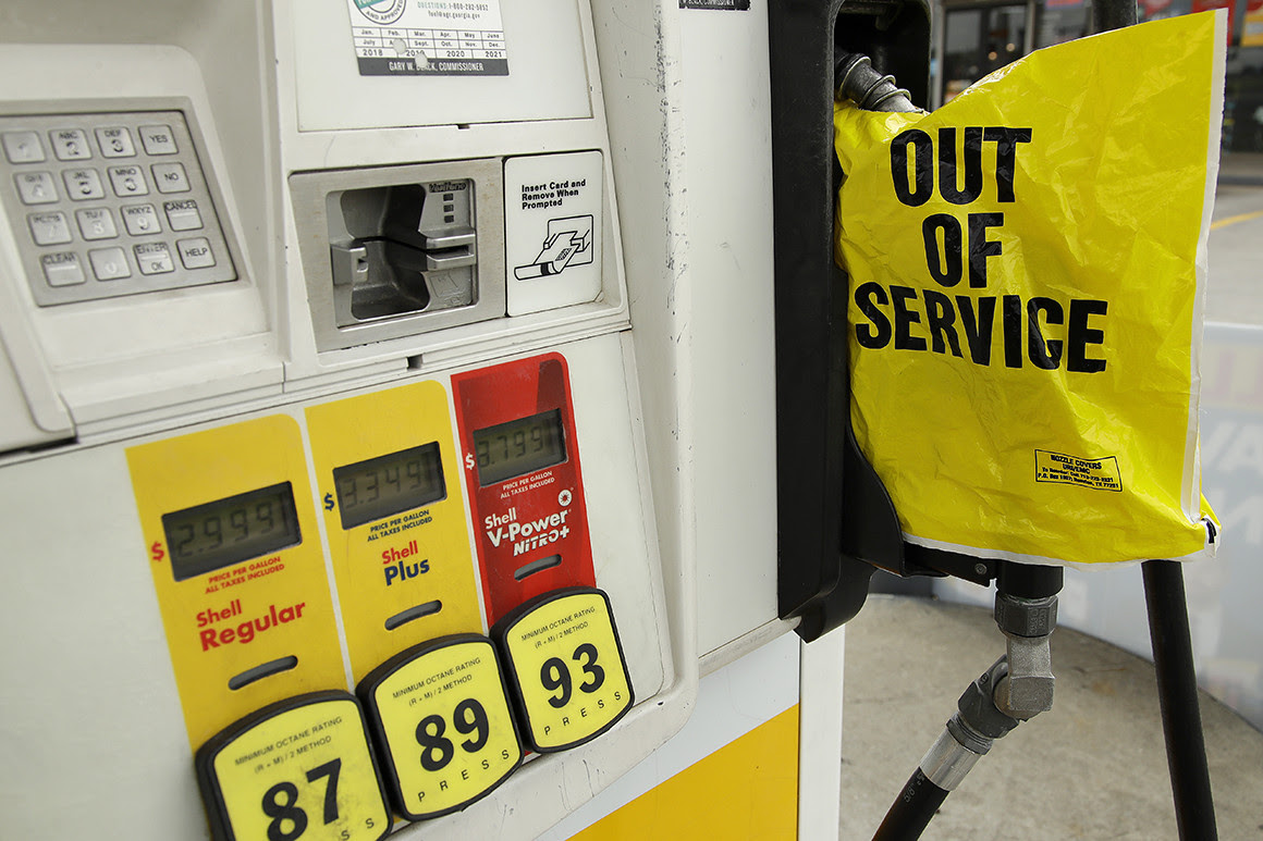 Gas pump with yellow ''Out of Service'' bag on top