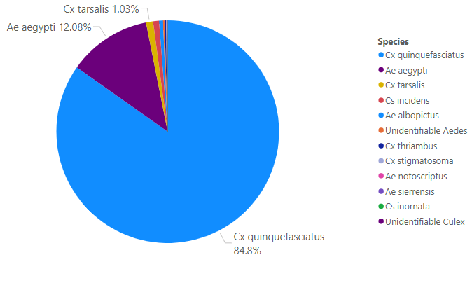 This chart depicts the overall abundance of mosquitoes collected during the current reporting period. Species listed on the far right are sorted by total amount collected during this reporting period.