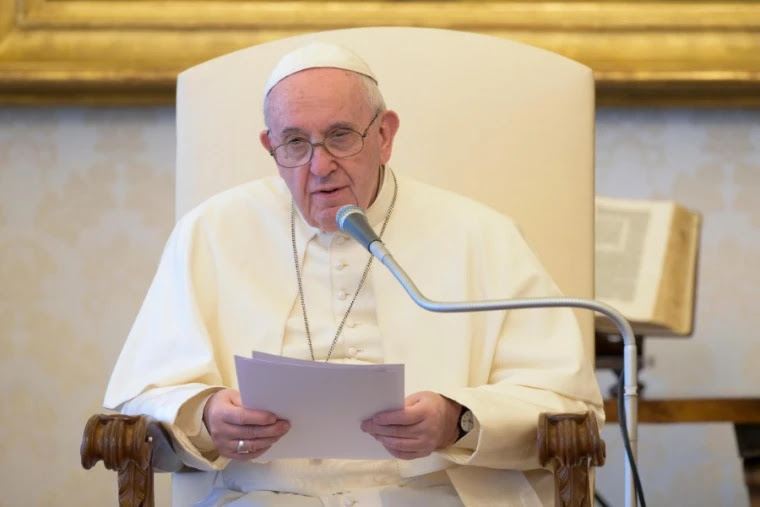 Pope Francis gives his general audience address in the apostolic palace May 6, 2020. Credit: Vatican Media.