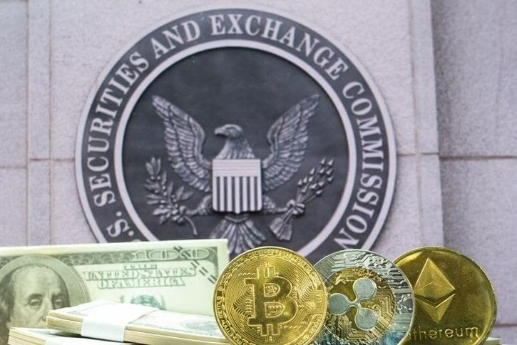 A photo of the SEC building, overlaid with cash and cryptocurrency