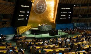 Зал Генеральной Ассамблеи ООН во время голосования по предложенной Иорданией резолюции по защите мирного населения Газы. 