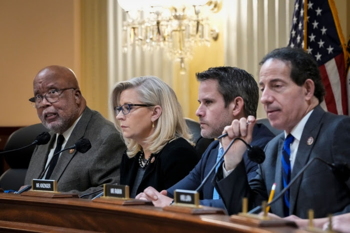 Rep. Bennie Thompson (D-Miss.), chair of the select committee investigating the Jan. 6 attack on the Capitol, speaks as Rep. Liz Cheney (R-Wyo.), vice-chair, Rep. Adam Kinzinger (R-Ill.) and Rep. Jamie Raskin (D-Md.) listen during a committee meeting on Capitol Hill.