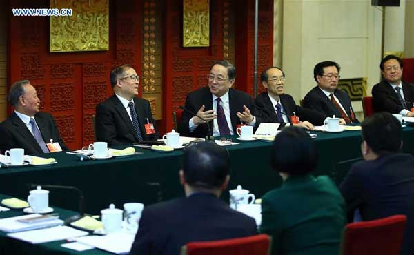 BEIJING, March 5, 2016 (Xinhua) -- Yu Zhengsheng (3rd L, back), chairman of the National Committee of the Chinese People