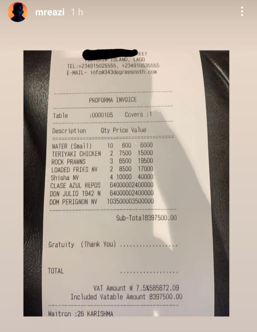 Mr Eazi shows off receipt of over N8.3 million spent on drinks at a Lagos club