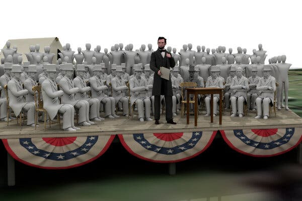 A computer rendering of Abraham Lincoln delivering the Gettysburg Address.