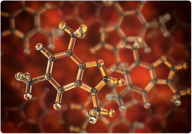 Caffeine molecule, 3d illustration. Caffeine is found in coffee, tea and energy drinks. Image Credit: Kateryna Kon / Shutterstock