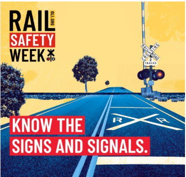 Rail Safety Week graphic featuring a rail crossing on a rural road and safety messaging. Text overlay reads “Rail Safety Week. Know the signs and signals.”