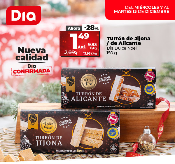 Del miércoles 7 de diciembre al martes 13 de diciembre. Turrón de Jijona / de Alicante Dia Dulce Noel 150g ahora un 28% más barato, a 1,49€/ud a 9,93€/kg. Antes a 2,09€ a 13,93€/kg