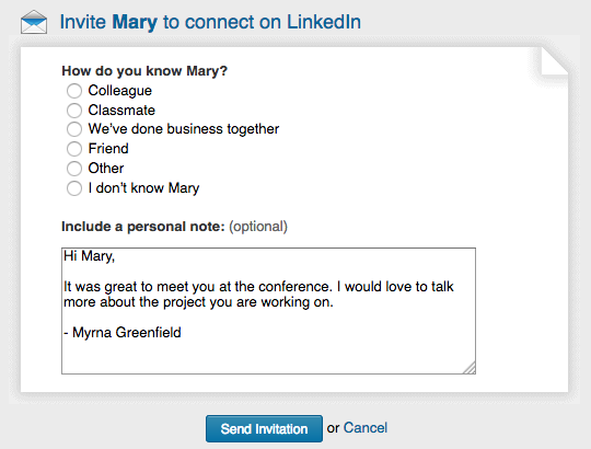 Image of an effective linkedin message to connect