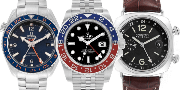 Omega Seamaster Planet Ocean GMT GoodPlanet Watch, Rolex GMT-Master II Pepsi Bezel Jubilee Steel Watch, Panerai Radiomir GMT Dual Time Watch