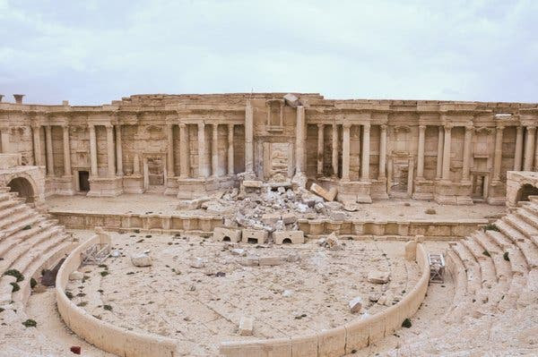 A damaged Roman theater in the ancient city of Palmyra in Syria in 2017. American forces frequently come across ruins damaged in shelling by the Islamic State or the Taliban.
