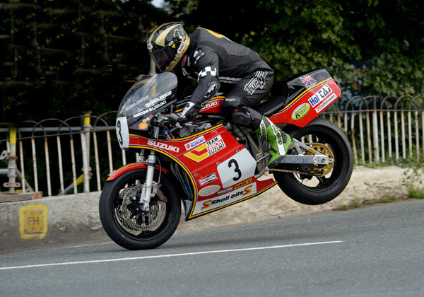 Michael Dunlop leaps Ballaugh Bridge on his way to victory in the Formula One race (Suzuki XR69 replica)