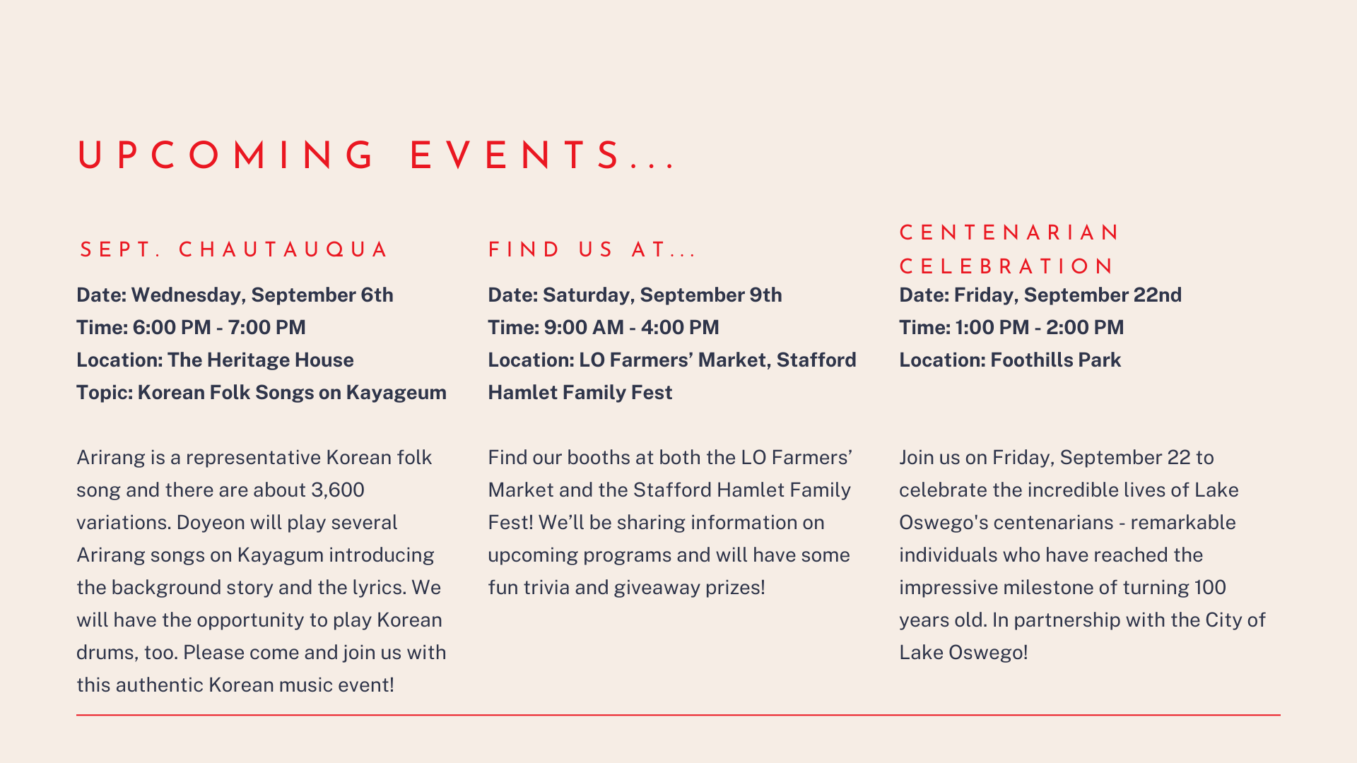 List of upcoming events, including September Chautauqua, LO Farmers' Market, Stafford Hamlet Family Fest, and Centenarian Celebration