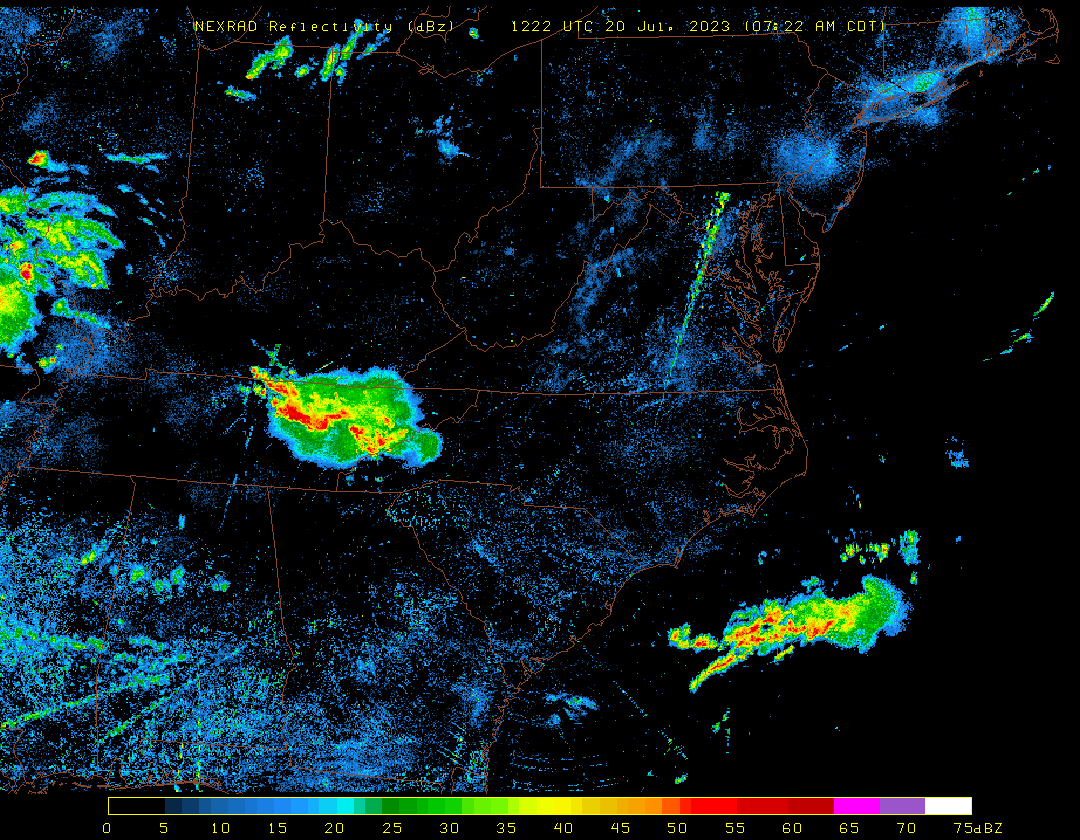 A loop of composite radar images ending at 11:32 a.m. EDT showing two clusters of thunderstorms over and near the Southeast.