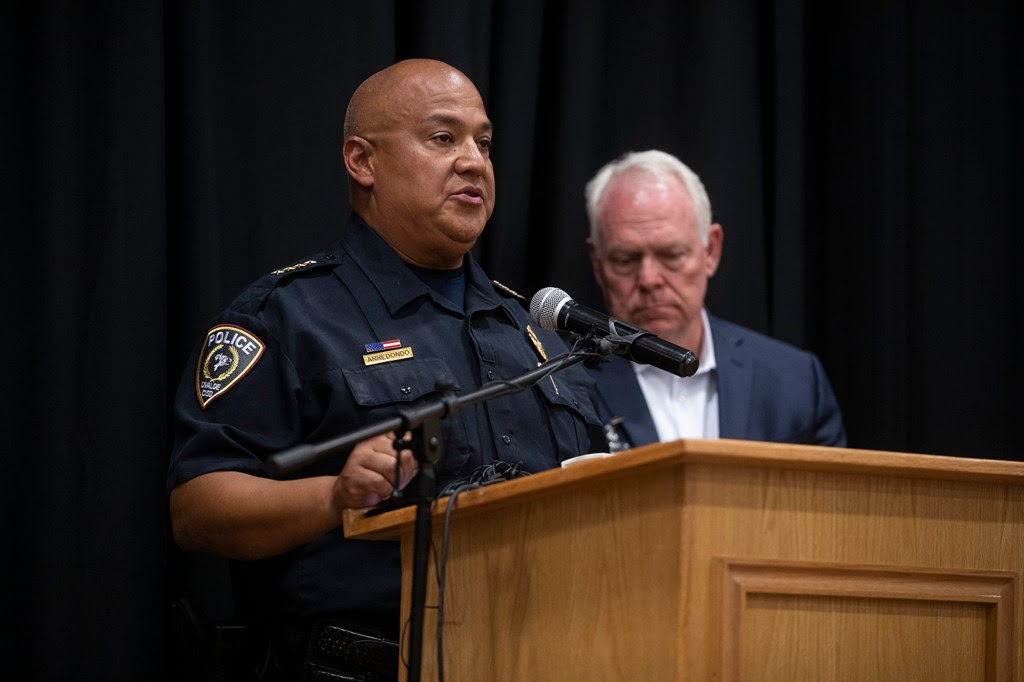 Uvalde police chief Pete Arredondo speaks at a press conference following the shooting.