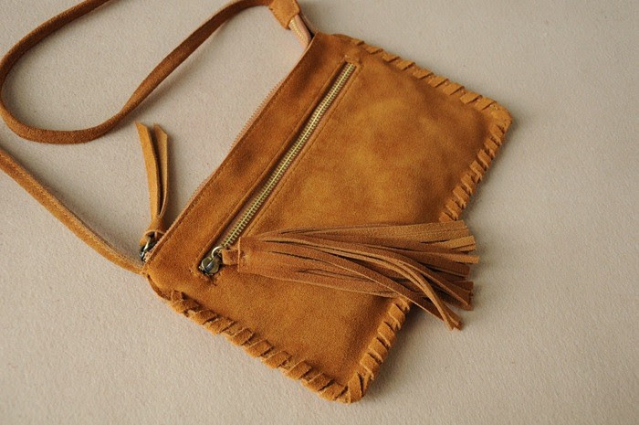 Genuine Suede Leather Fringed Chic Boho Shoulder Folk Bag
