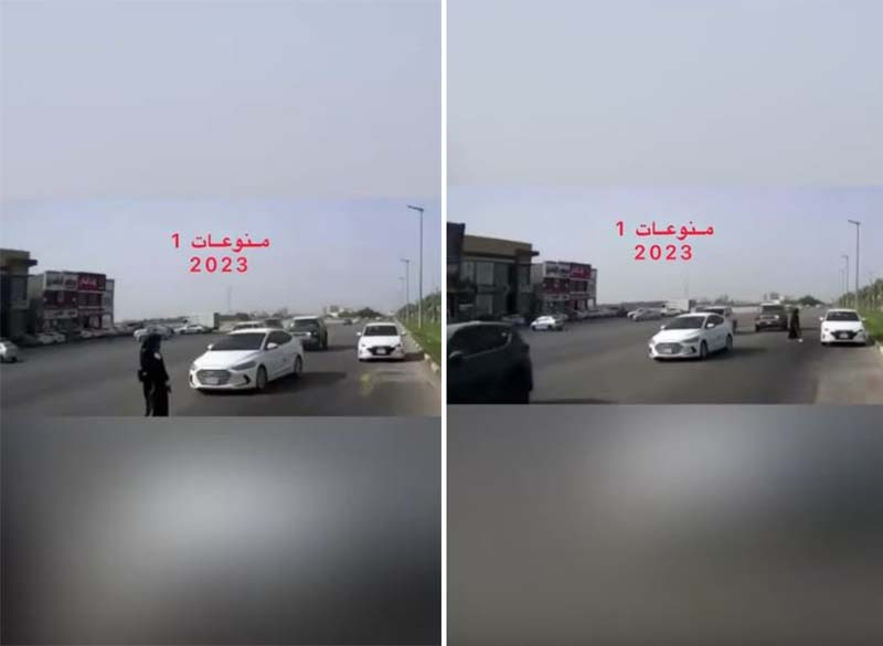شاهد امرأة تفاجئ قائدي السيارات وتقطع طريق سريع بالخبر