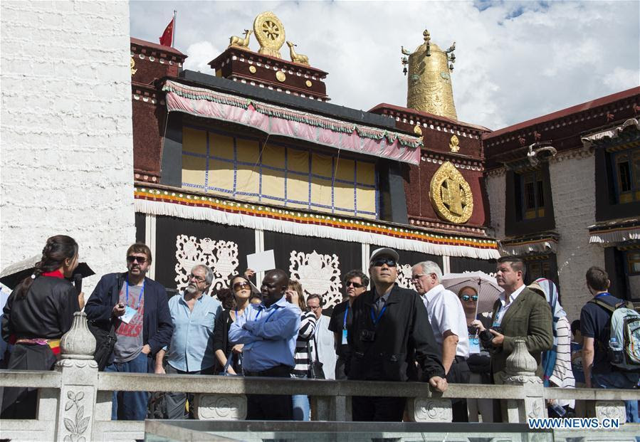 LHASA, July 4, 2016 (Xinhua) -- Foreign expert representatives visit Jokhang Temple in Lhasa, capital of southwest China