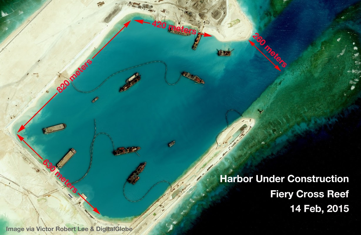 Satellite image analysis South China Sea reclamation in Spratly Islands