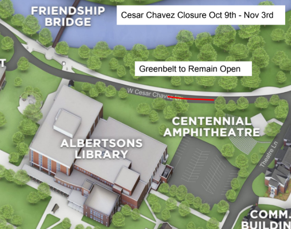 map of closure on Cesar Chavez, green belt to remain open