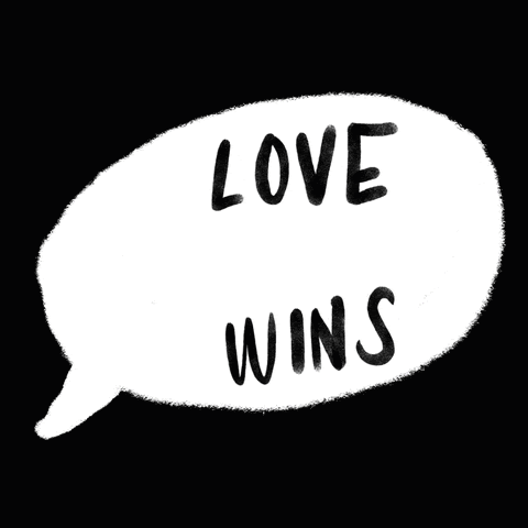 Thought bubble with the words "love always wins" written on it. The word always is in rainbow lettering