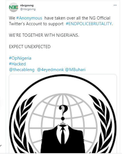 "Hacktivist" group, Anonymous hacks National Broadcasting Commission?s Twitter account in support of #EndSARS campaign