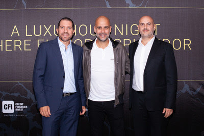 Pep Guardiola with the CFI Co-Founders Messrs. Hisham Mansour (left) and Eduardo Fakhoury (right)