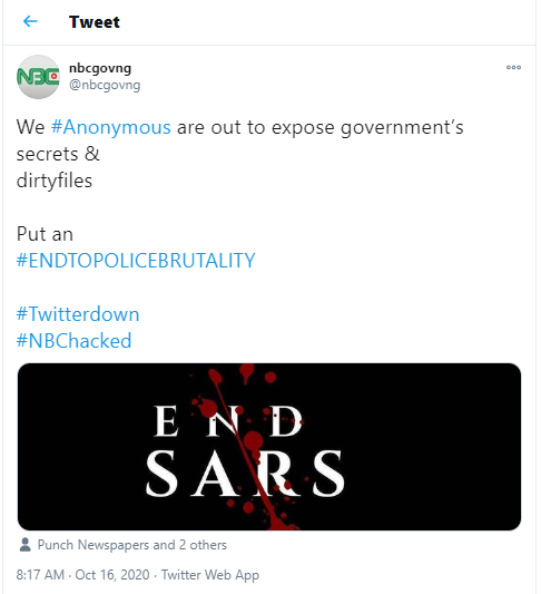 "Hacktivist" group, Anonymous hacks National Broadcasting Commission?s Twitter account in support of #EndSARS campaign